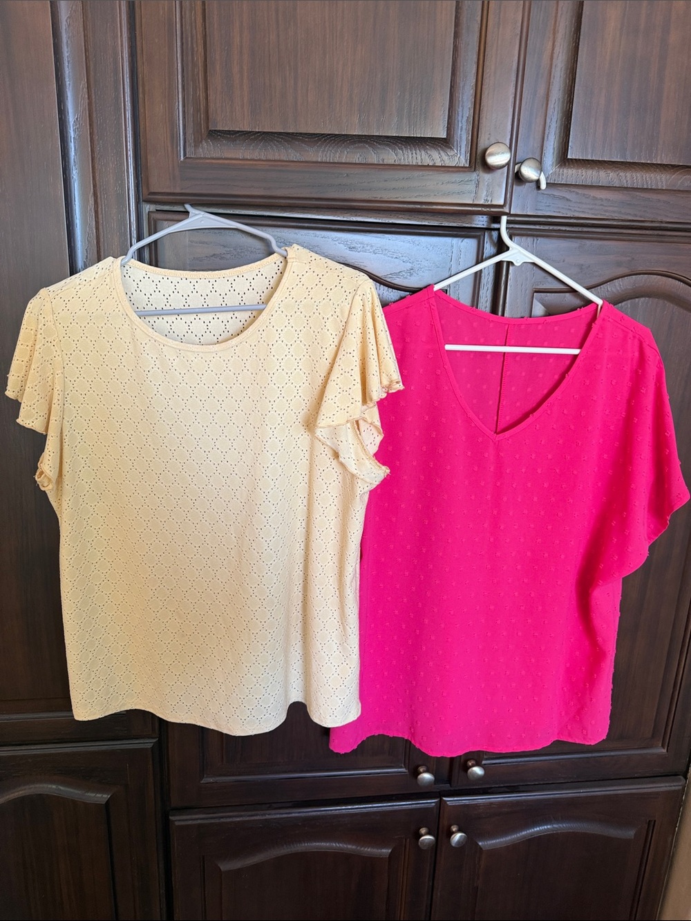 Women’s Short Sleeve Eyelet Top - Soft Yellow  and Hot Pink